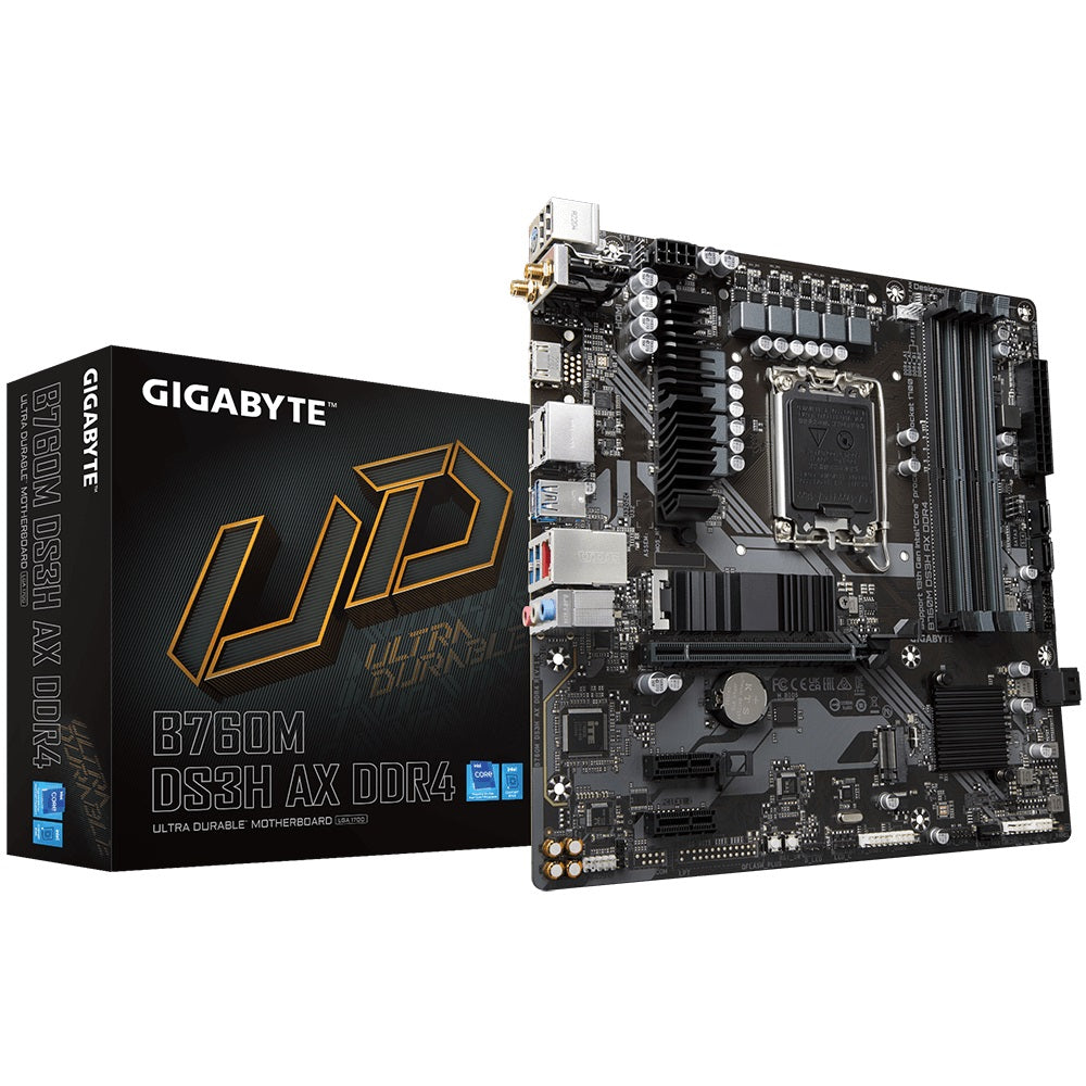 Gigabyte B760M DS3H AX DDR4 Intel LGA 1700 m-ATX Motherboard, 4x DDR4 ~128GB, 1x PCI-E x16, 1x PCI-E x1, 2x M.2, 4x SATA, 3x USB 3.2, 2x USB 2.0, 1x T-0