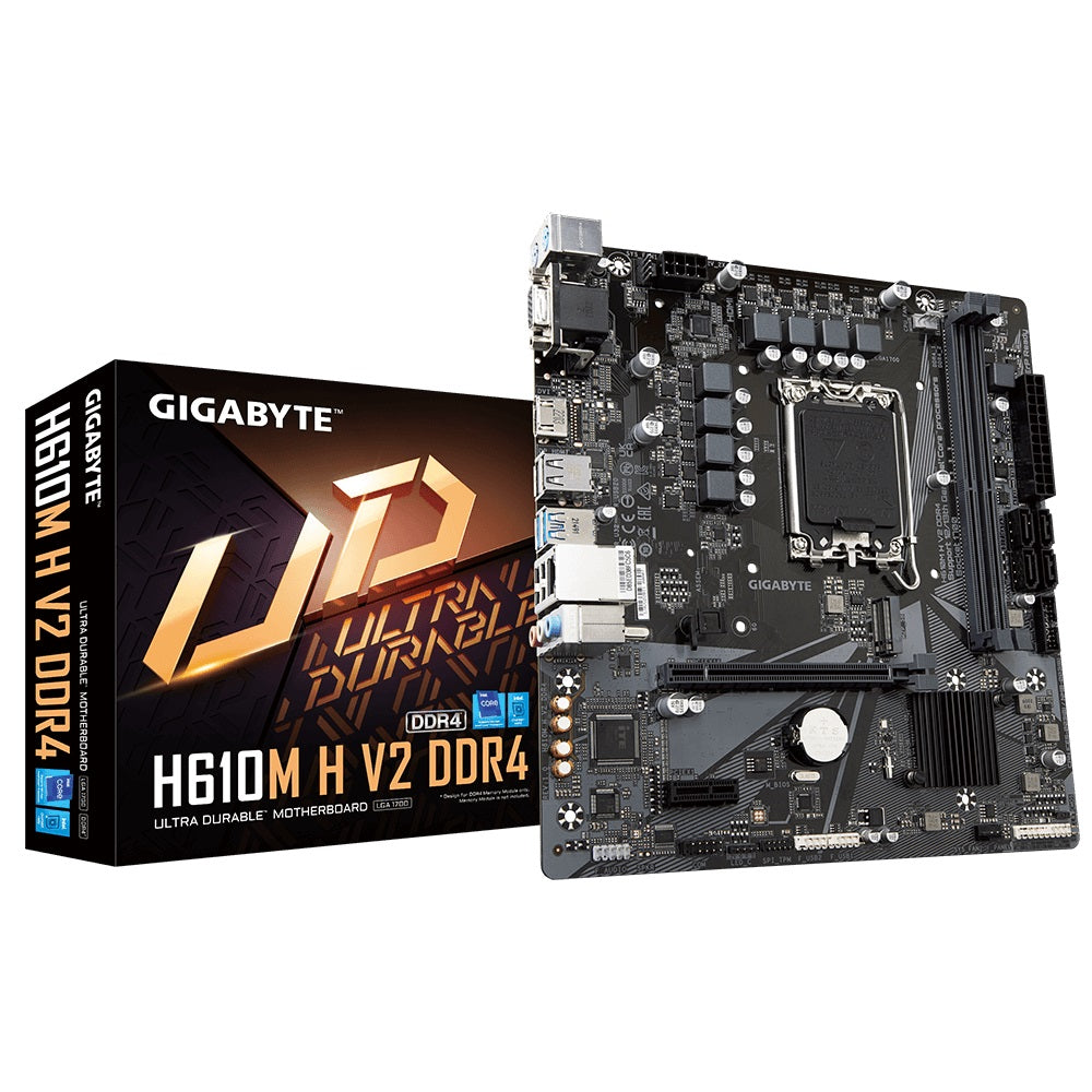 Gigabyte H610M H V2 DDR4 1.0 LGA 1700 mATX Motherboard, 2x DDR4 ~64GB, 1x PCI-E x16, 1x PCI-E x1, 1x M.2, 4x SATA, 2x USB 3.2, 4x USB 2.0-0