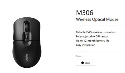 RAPOO M306 2.4 Wireless Optical Mice with Side FWD and Back Buttons. 12 Months Long Battery Life, Easy Installation. Adjustable DPI 3200. Office Mice.-0