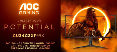 AOC 34' Curved 3440 x 1440 21:9, 1ms, 400cd/m2 HDR, Ultra Fast 180Hz Panel, Adaptive Sync, HDMI: 2.2, DisplayPort: 1.4 Gaming Monitor-0