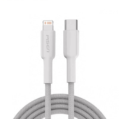 Pisen Braided Lightning to USB-C 20W PD Fast Charge Cable (1M) White - Samsung Galaxy, Apple iPhone, iPad, MacBook, Google, OPPO, Nokia-0