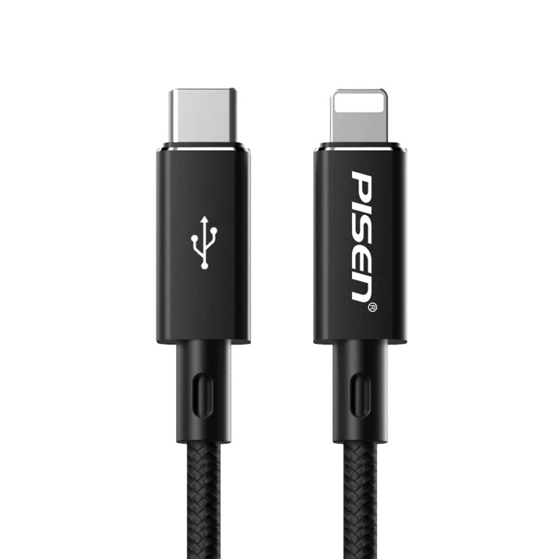 Pisen Braided Lightning to USB-C PD Fast Charge Cable (1M) Black - Support 3A, Anti-Breaking, Reinforced & More Durable, Apple iPhone/iPad/MacBook-0