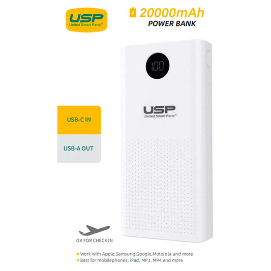 USP 20K mAh Power Bank - White, 2 USB-A Outputs (5W & 10W), 2 USB Input, Digital Display, Comfortable Grip, Charge 2 Devices, Intelligent Matching-0