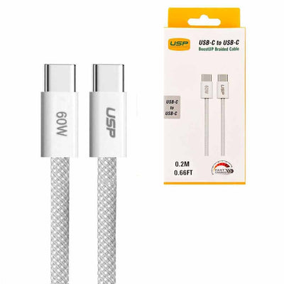 USP USB-C to USB-C PD 60W High Density Braided Fast Charging Cable (0.2M) White - 3A Fast & Safe Charge,Strong & Durable,Samsung Galaxy,Apple iPhone-0