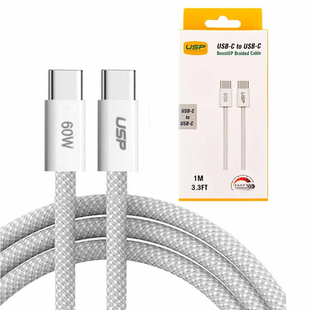 USP USB-C to USB-C PD 60W High Density Braided Fast Charging Cable (1M) White - 3A Fast & Safe Charge,Strong & Durable, Samsung Galaxy,Apple iPhone-0