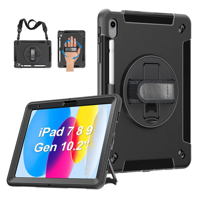 Generic Rugged Apple iPad (10.2') (9th/8th/7th Gen) Case Black - Built-in-Kickstand, Adjustable Hand Strap, Pen Holder, DropProof-0