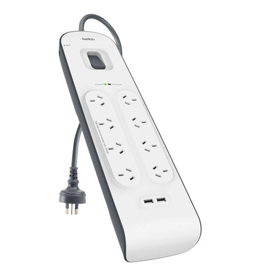 Belkin BSV804 8-Outlet 2-Meter Surge Protection Strip with two 2.4 amp USB charging ports, Complete Three-line AC protection, CEW $50,000, Power Board-0