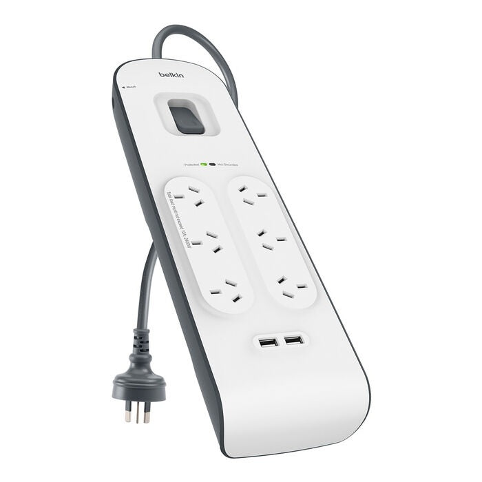 Belkin BSV604 6-Outlet 2-Meter Surge Protection Strip with two 2.4 amp USB charging ports, CEW $30,000,2YR, Power Board-0