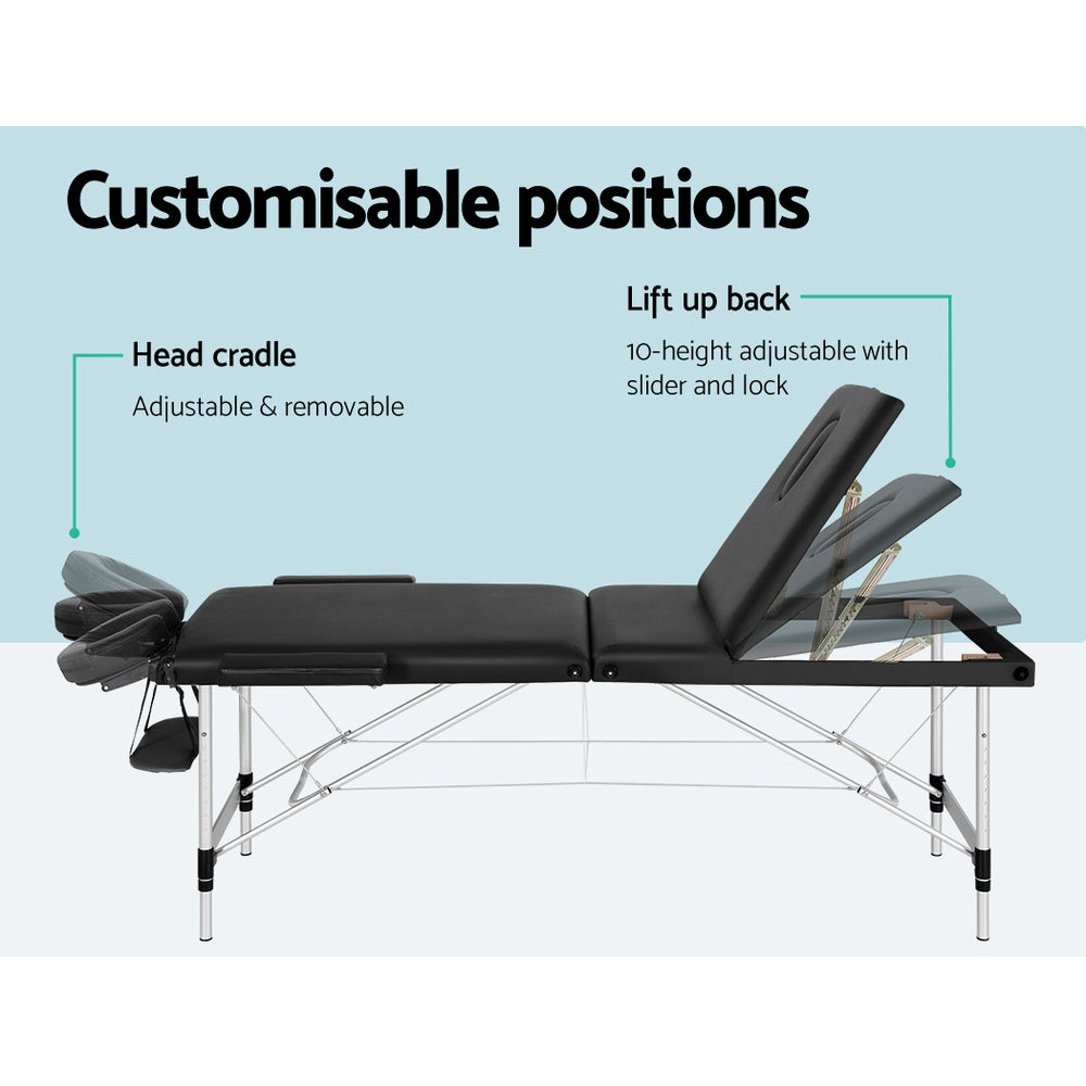 Zenses Massage Table 65cm Portable 3 Fold Aluminium Beauty Bed Black-4