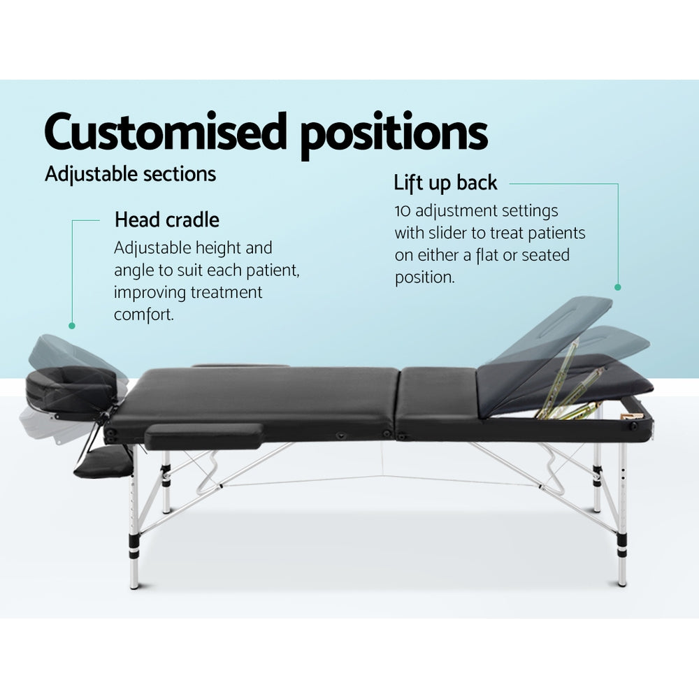 Zenses Massage Table 70cm Portable 3 Fold Aluminium Beauty Bed Black-3