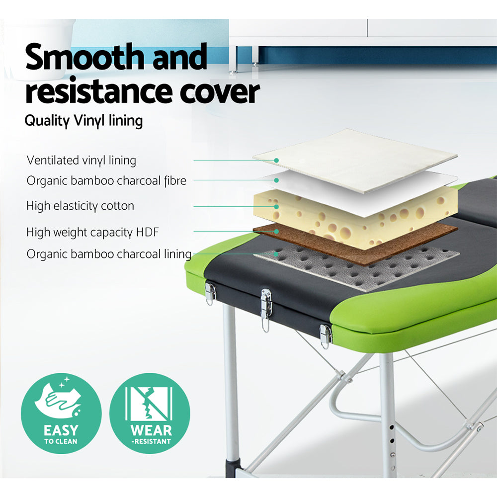 Zenses Massage Table 75cm Portable 3 Fold Aluminium Beauty Bed Green-3