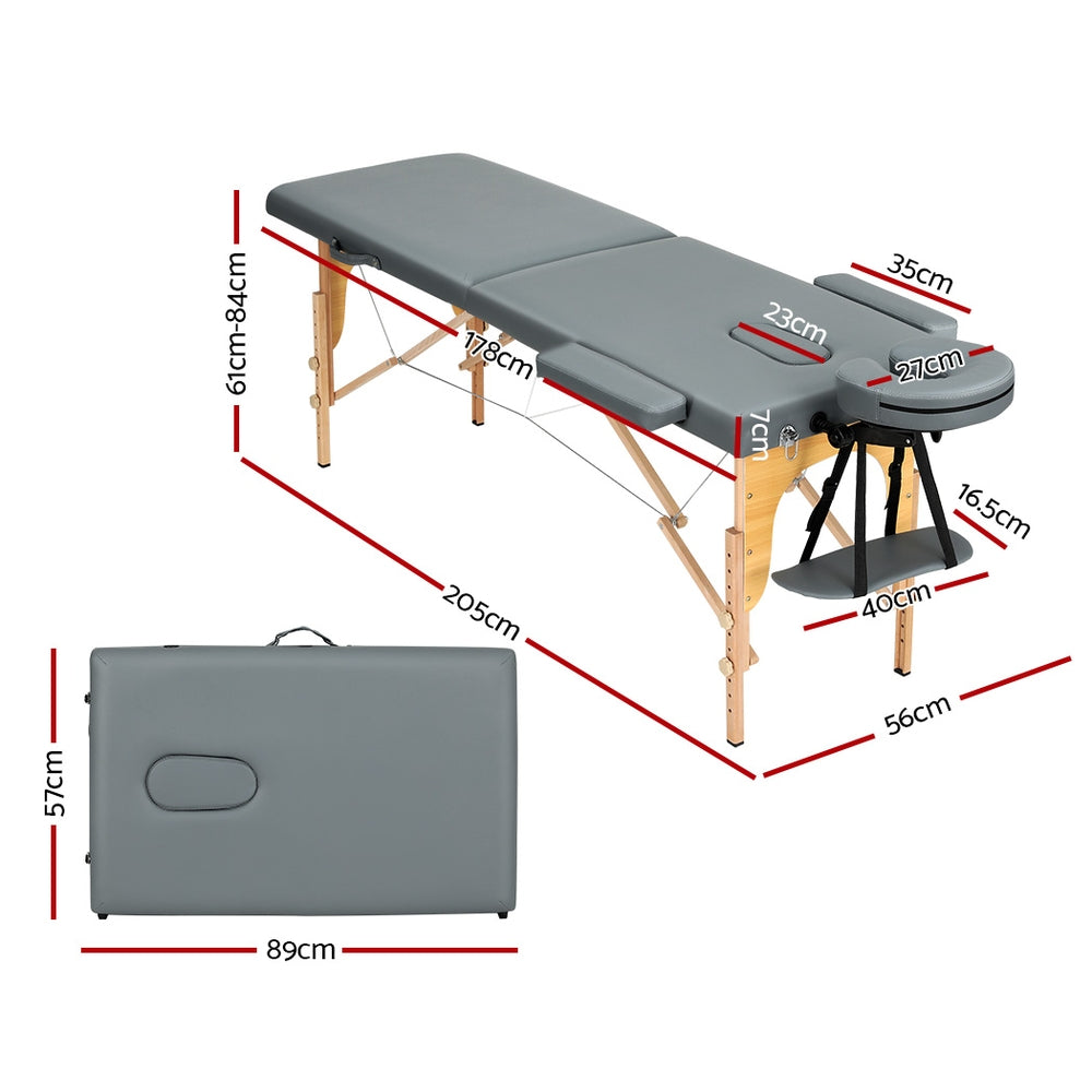 Zenses Massage Table 56cm Portable 2 Fold Wooden Beauty Bed Grey-1