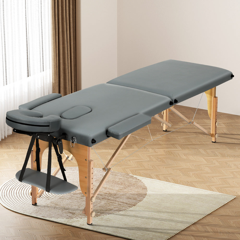 Zenses Massage Table 56cm Portable 2 Fold Wooden Beauty Bed Grey-6