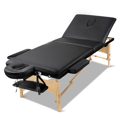 Zenses Massage Table 70cm Portable 3 Fold Wooden Beauty Bed Black-0