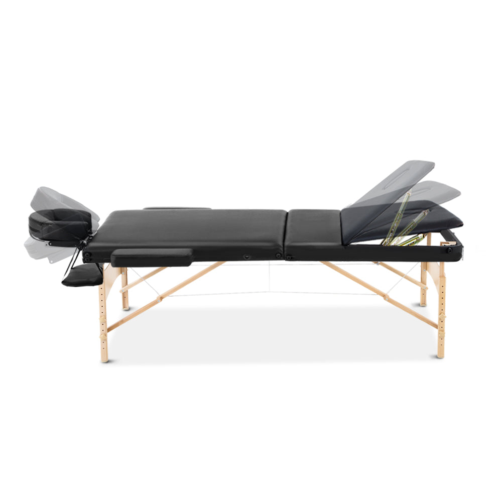 Zenses Massage Table 75cm Portable 3 Fold Wooden Beauty Bed Black-2