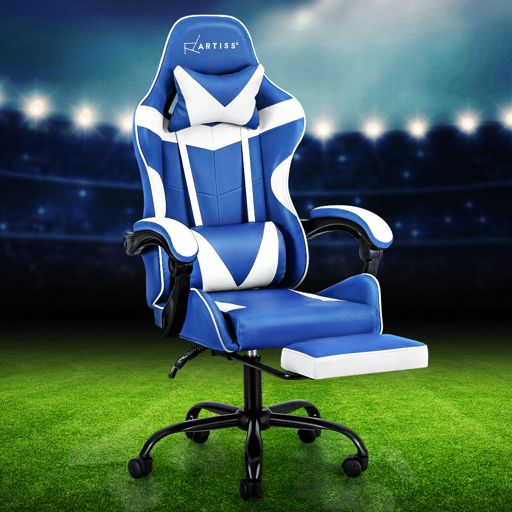 Artiss Gaming Office Chair Executive Computer Leather Chairs Footrest Blue White-6