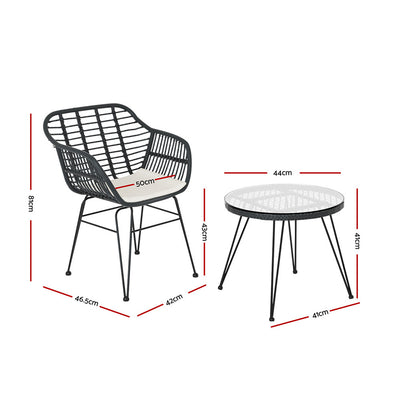 Gardeon 3PC Outdoor Furniture Bistro Set Lounge Setting Table Chairs Cushion Patio Grey-1