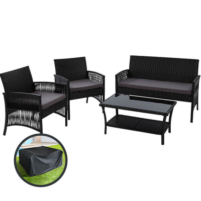 Gardeon 4PCS OutdoorSofa Set with Storage Cover Wicker Harp Chair Table Black-0