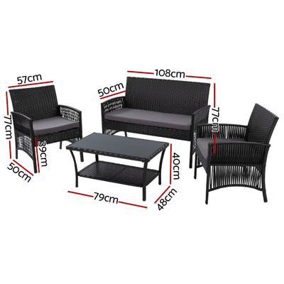 Gardeon 4PCS OutdoorSofa Set with Storage Cover Wicker Harp Chair Table Black-1