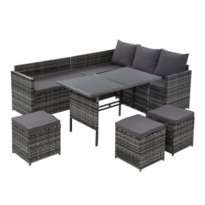 Gardeon Outdoor Dining Set Sofa Lounge Setting Chairs Table Ottoman Grey Cover-0