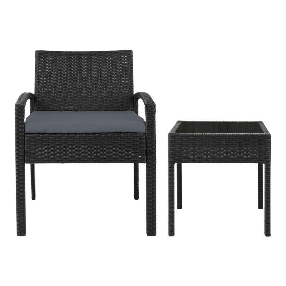 Gardeon 3PC Patio Furniture Bistro Set Wicker Outdoor Lounge Setting Black-2