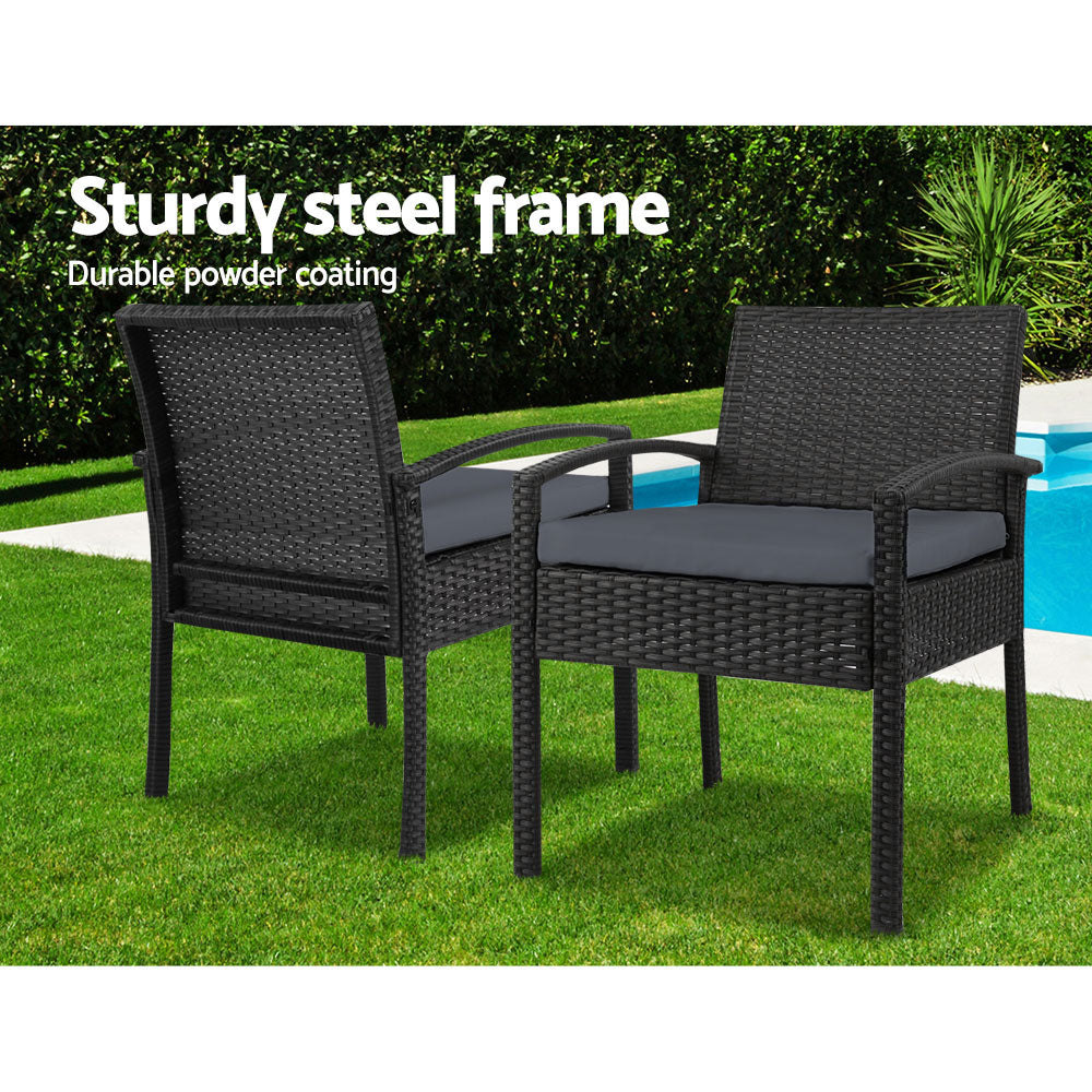 Gardeon 3PC Patio Furniture Bistro Set Wicker Outdoor Lounge Setting Black-8