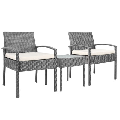 Gardeon 3PC Patio Furniture Bistro Set Wicker Outdoor Lounge Setting Grey-0