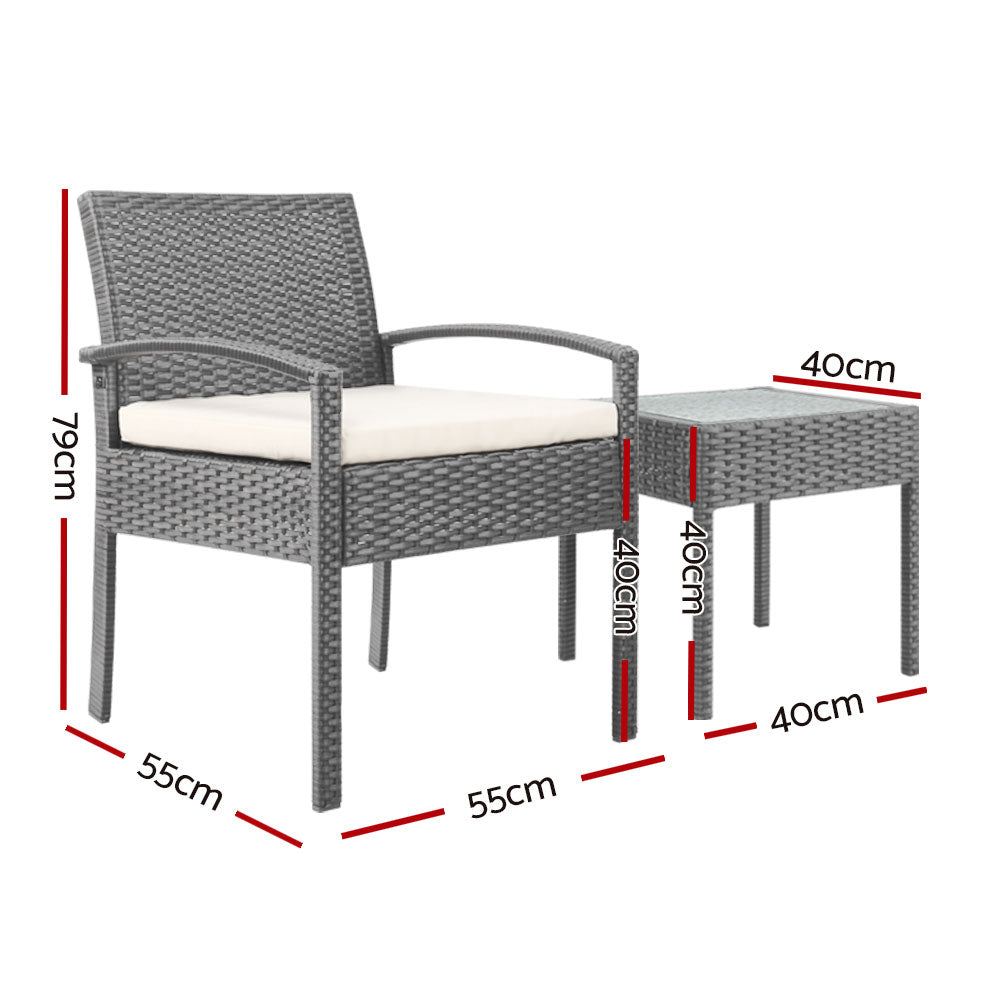 Gardeon 3PC Patio Furniture Bistro Set Wicker Outdoor Lounge Setting Grey-1