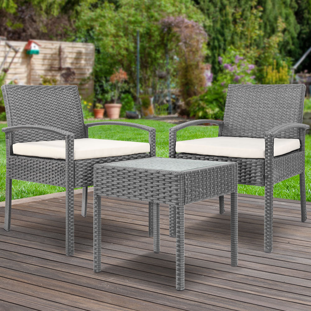 Gardeon 3PC Patio Furniture Bistro Set Wicker Outdoor Lounge Setting Grey-7