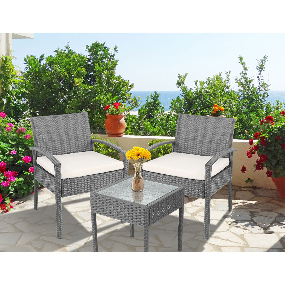 Gardeon 3PC Patio Furniture Bistro Set Wicker Outdoor Lounge Setting Grey-11