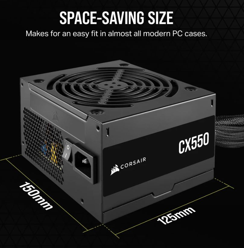 Corsair CX550 550W, 80 PLUS Bronze Certified, Up to 88% Efficiency,  Compact 125mm design easy fit and airflow, ATX PSU 2023-0