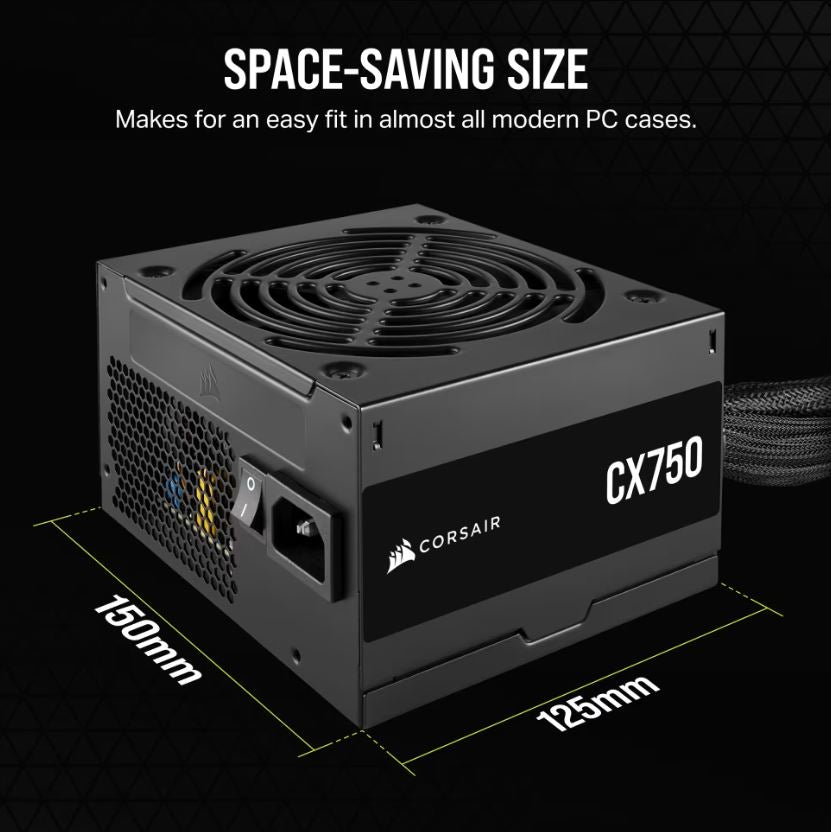 Corsair CX750 750W, 80 PLUS Bronze Certified, Up to 88% Efficiency,  Compact 125mm design easy fit and airflow, ATX PSU 2024-0