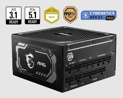 MSI MAG A1000GL PCIE5 ATX Power Supply Unit, 80 PLUS Gold, Fully modular flat cables, 0 RPM Mode, Active PFC design-0