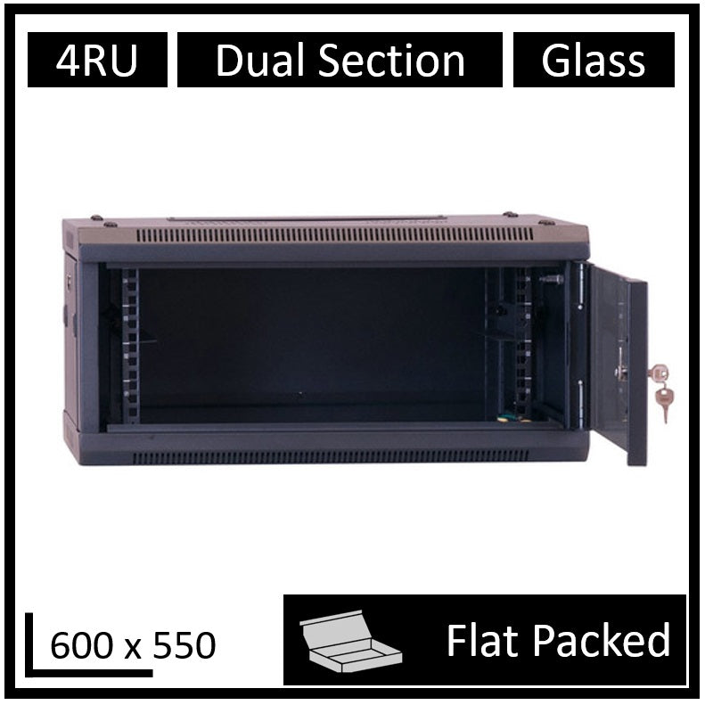 LDR Flat Packed 4U Hinged Wall Mount Cabinet (600mm x 550mm) Glass Door - Black Metal Construction - Top Fan Vents - Side Access Panels-0