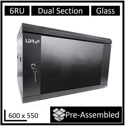 LDR Assembled 6U Hinged Wall Mount Cabinet (600mm x 550mm) Glass Door - Black Metal Construction - Top Fan Vents - Side Access Panels-0