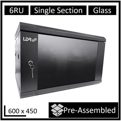 LDR Assembled 6U Wall Mount Cabinet (600mm x 450mm) Glass Door - Black Metal Construction - Top Fan Vents - Side Access Panels-0