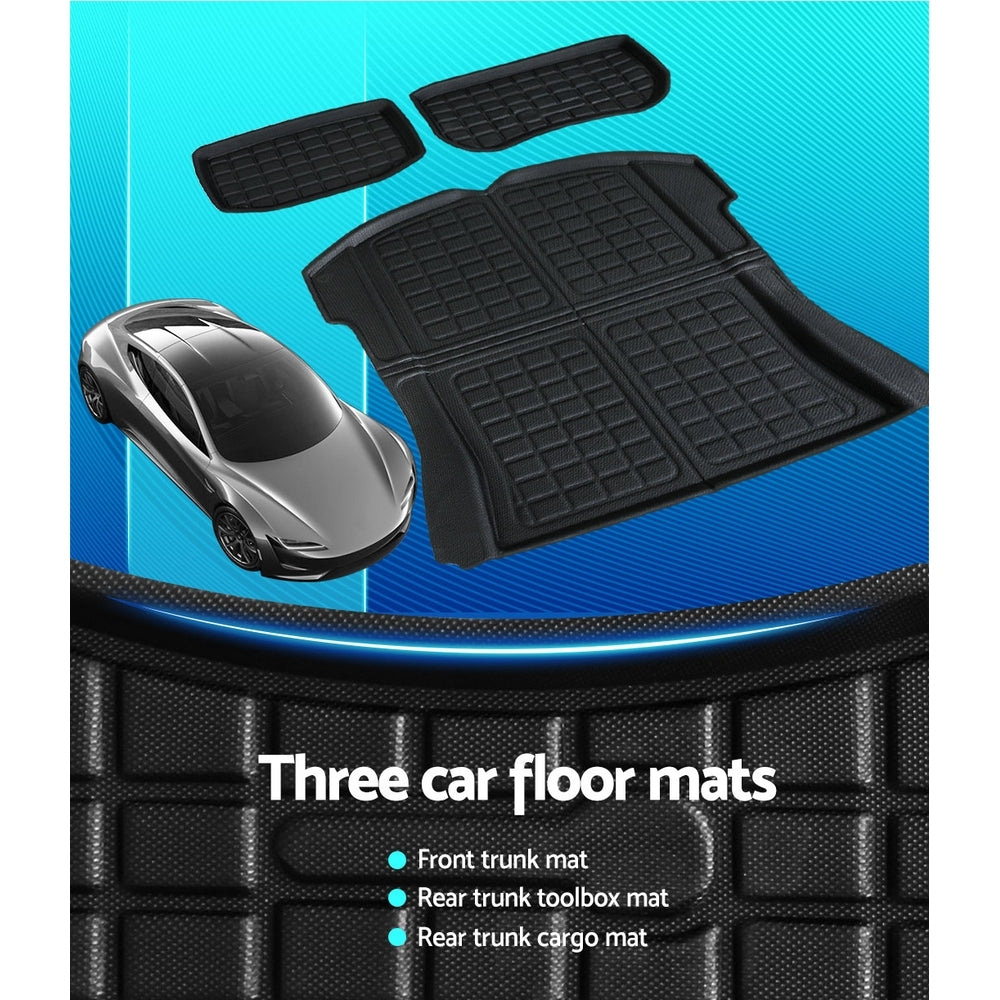 3PCS Car Rear Front Cargo Trunk Toolbox Luggage Rubber Mats for Tesla Model 3 2021-2022-3