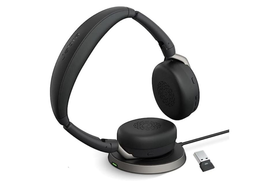 Jabra Evolve2 65 Flex MS Stereo Bluetooth Headset, Link380a USB-A Dongle & Wireless Charging Stand Foldable Design, 2Yr Warranty, 30m Wireless Range-0