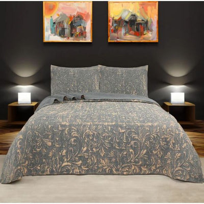 Stone Wash Gun Metal 100% Cotton Quilted 3 pcs Bedspread Coverlet Set King-0