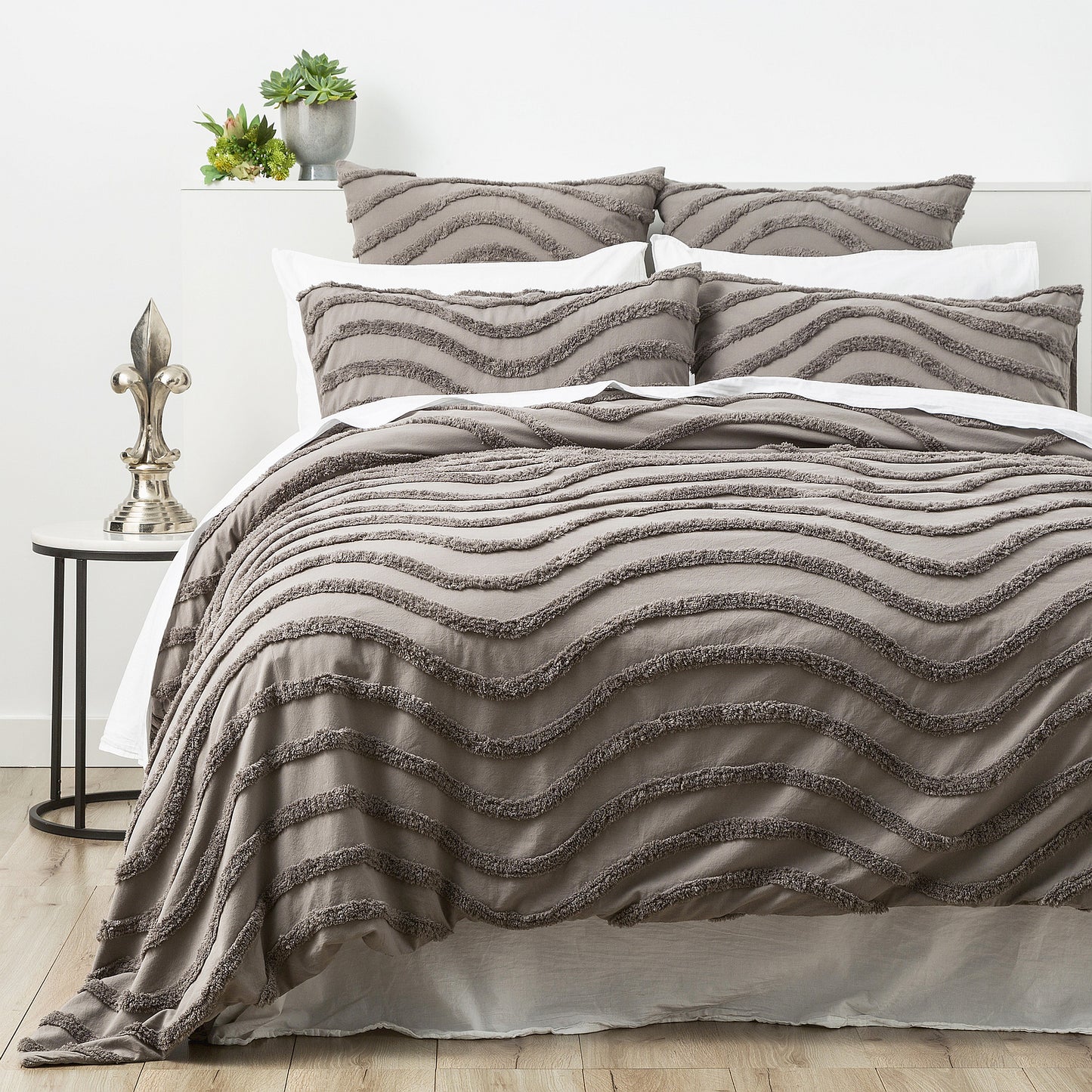 Chenille Wave 100% Cotton Vintage Washed Grey Tufted Quilt Cover Set by Cloud Linen Queen-0