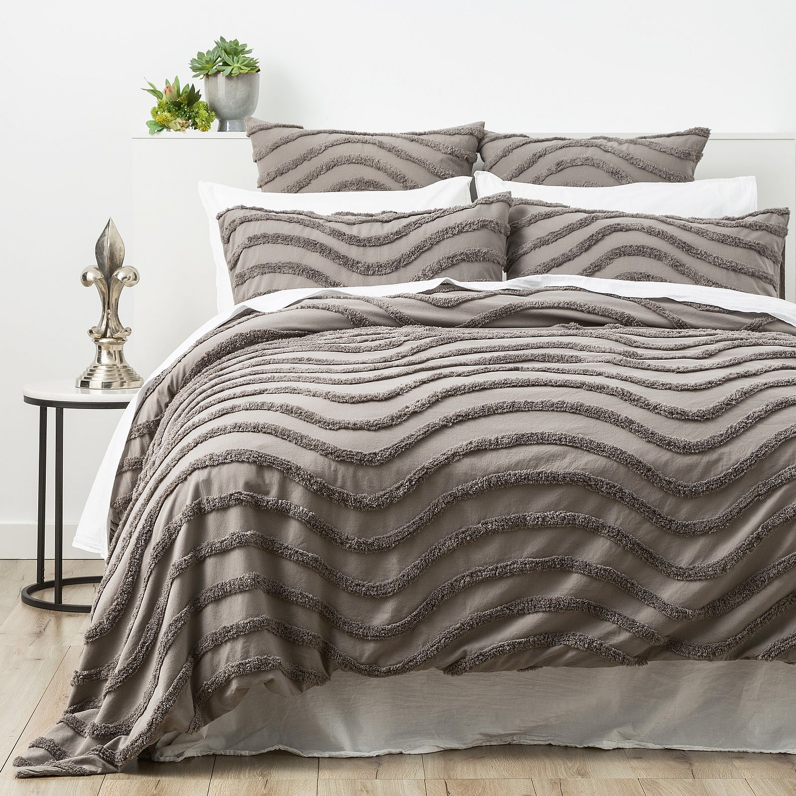 Chenille Wave 100% Cotton Vintage Washed Grey Tufted Quilt Cover Set by Cloud Linen Queen-0