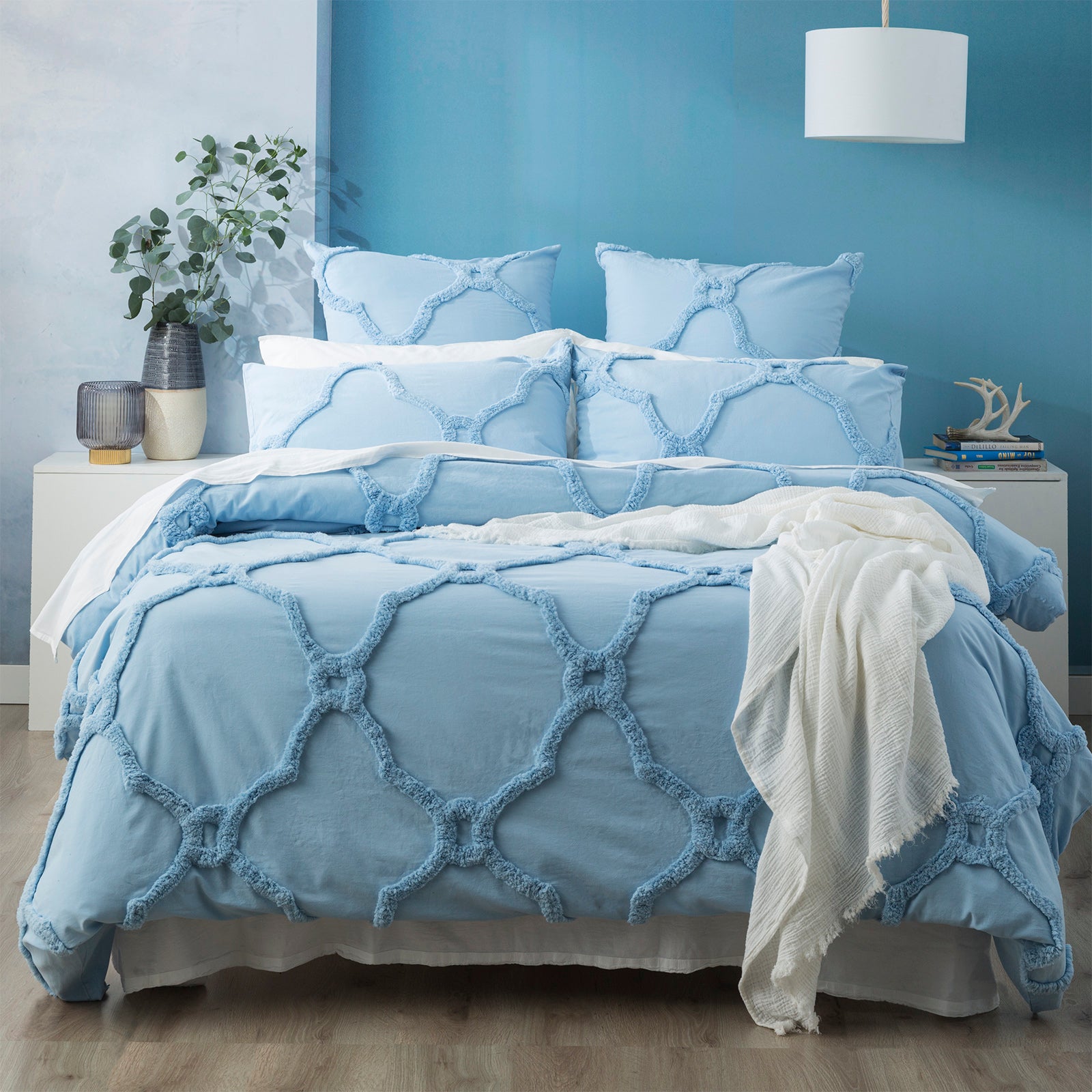 Moroccan 100% Cotton Chenille Vintage Washed Tufted Sky Quilt Cover Set by Renee Taylor Queen-0