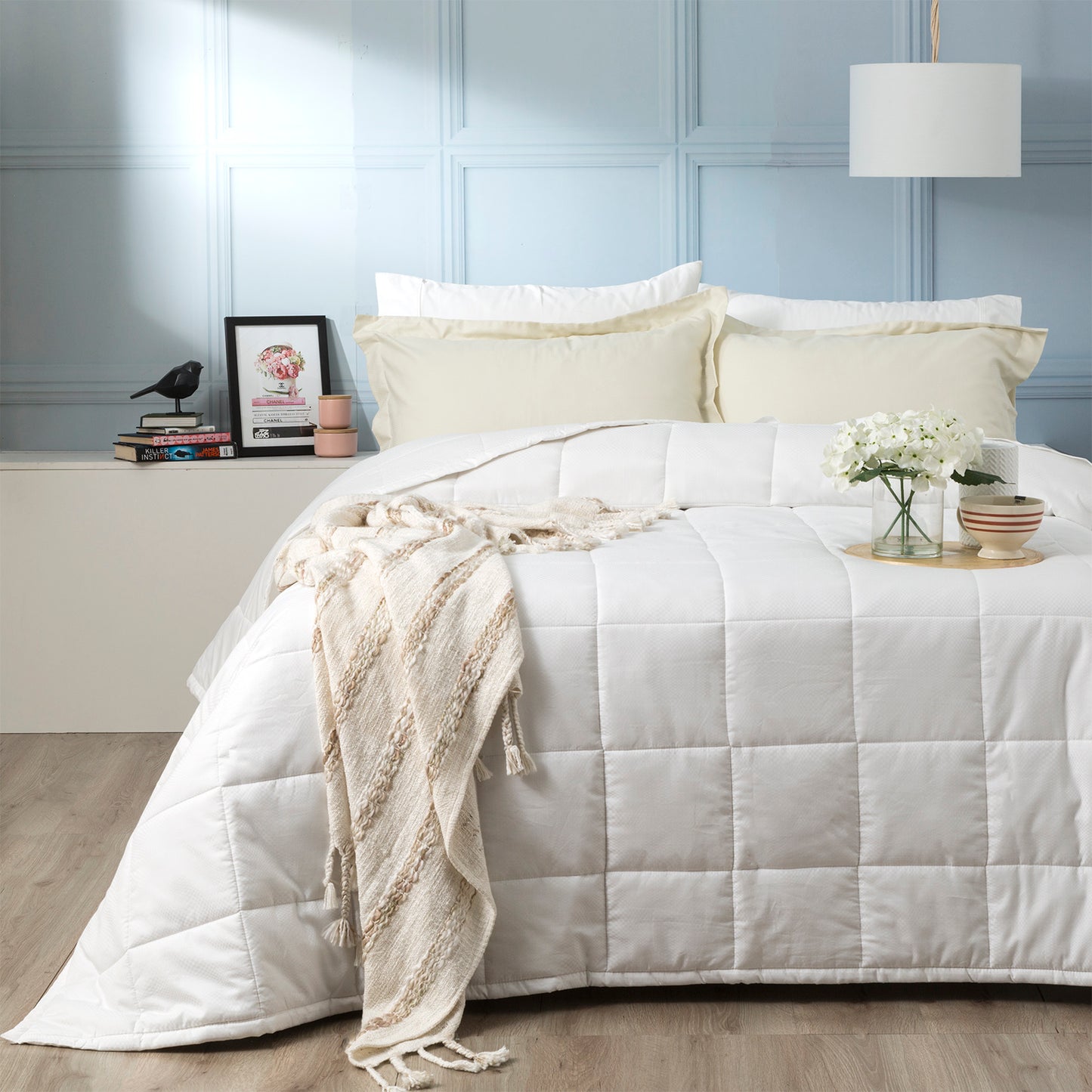 Checks 500 TC Cotton Jacquard White Comforter Set by Ddecor Home Queen-0