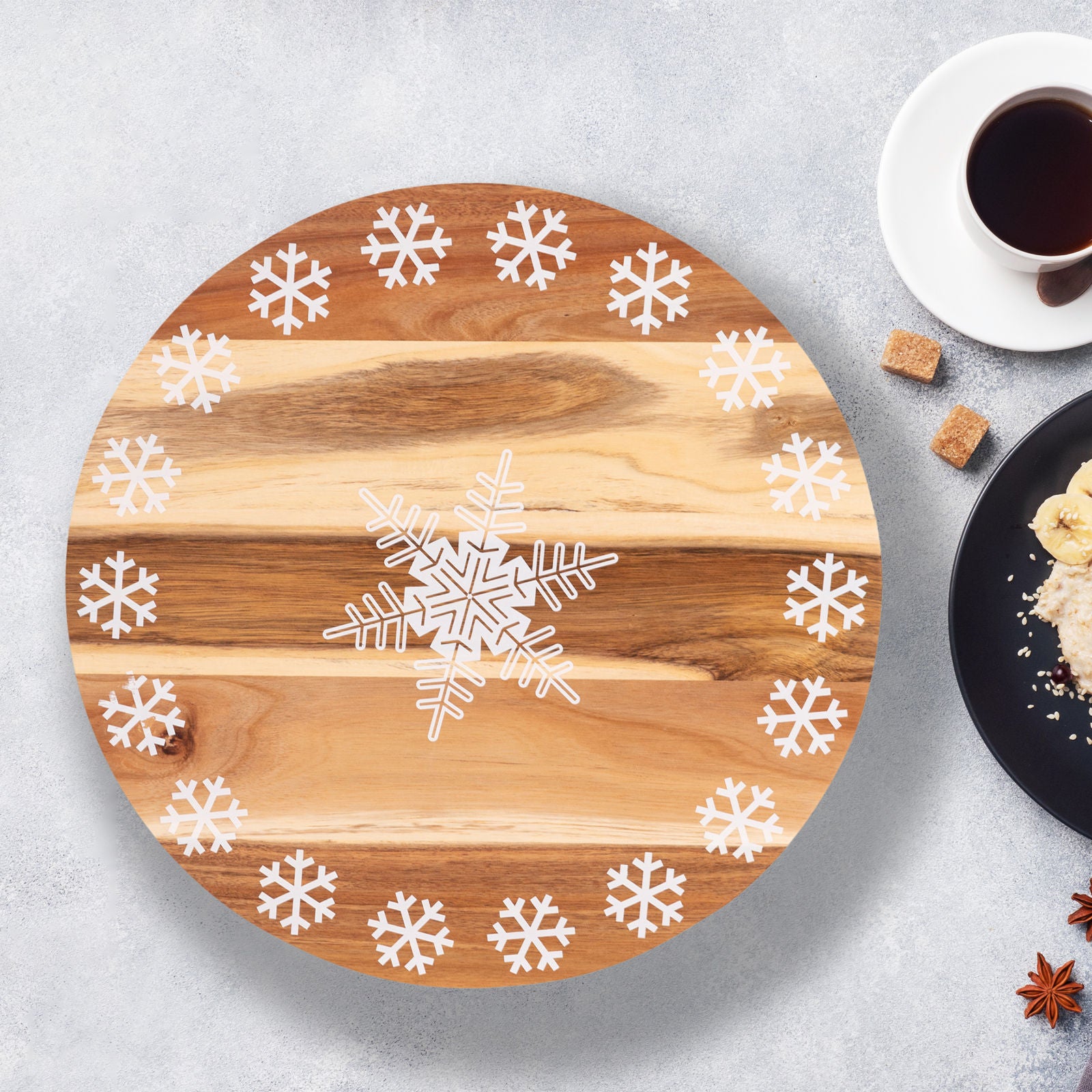 Bread and Butter 18 Inch Print Wooden Lazy Susan Tray - White Snowflake-2