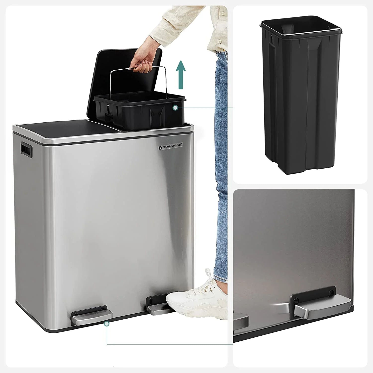 Dual Kitchen Bin, 2 x 30L, Silver-2