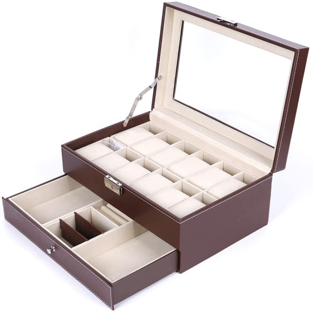 12 Slot PU Leather Lockable Watch and Jewelry Storage Boxes (Brown)-0