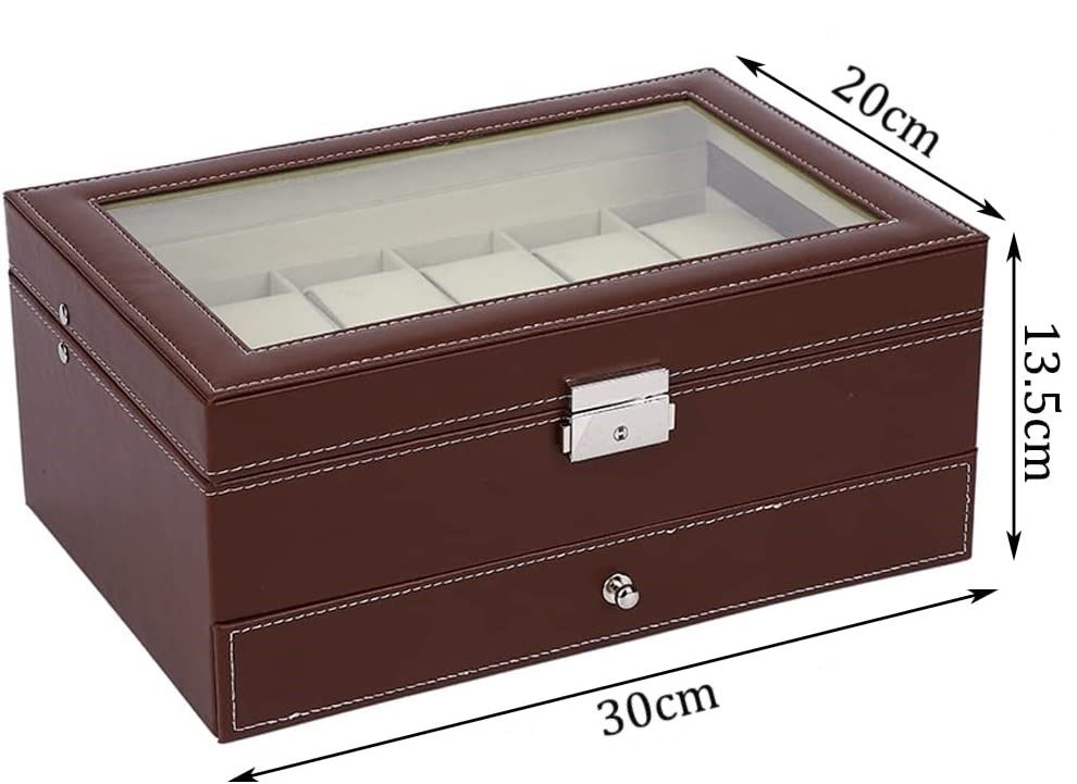 12 Slot PU Leather Lockable Watch and Jewelry Storage Boxes (Brown)-3