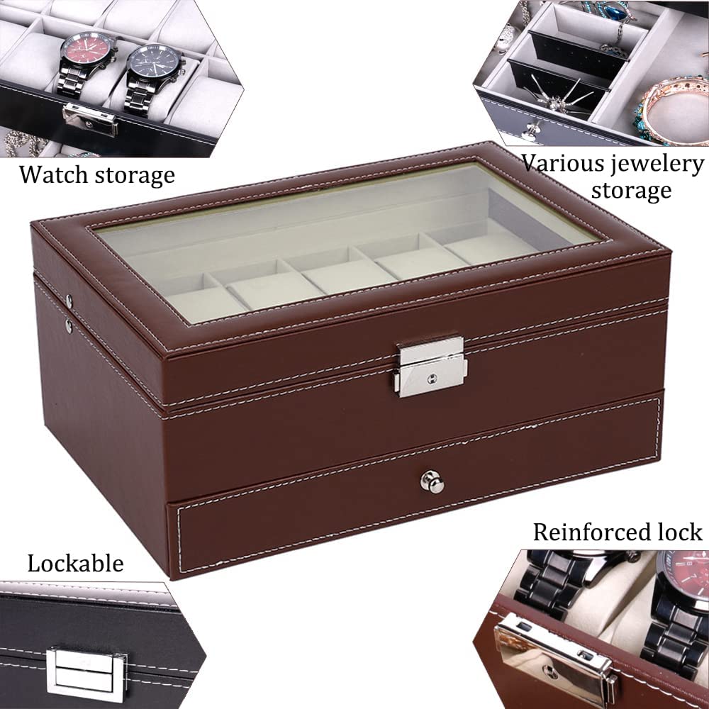 12 Slot PU Leather Lockable Watch and Jewelry Storage Boxes (Brown)-5