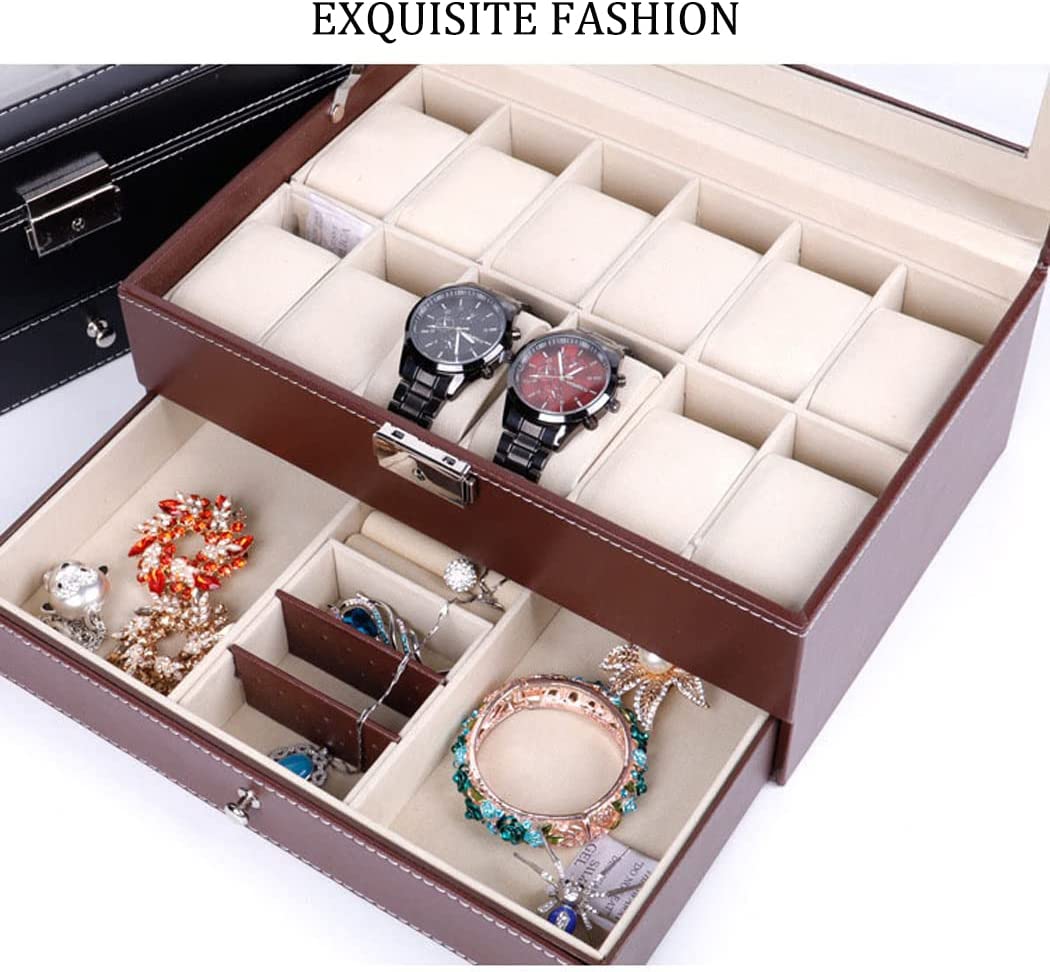 12 Slot PU Leather Lockable Watch and Jewelry Storage Boxes (Brown)-6