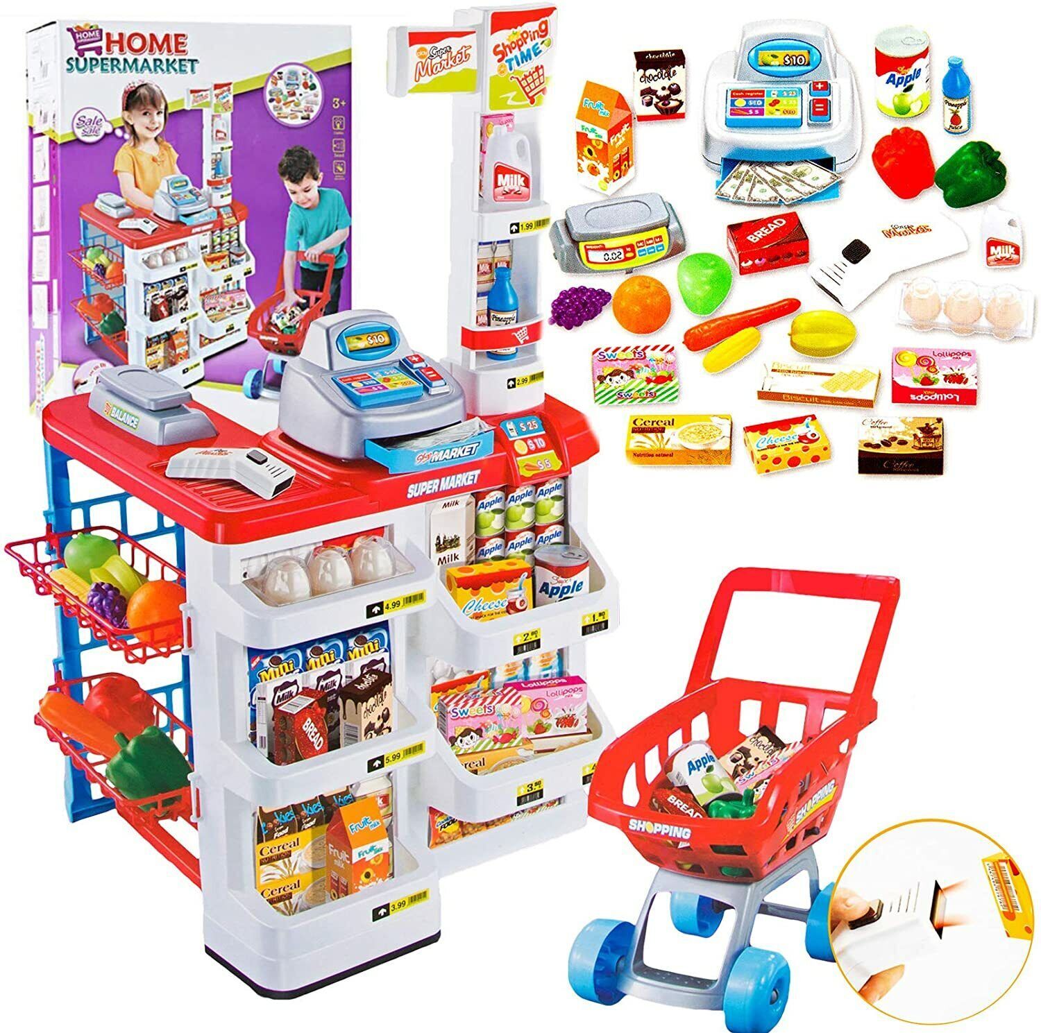 Children's Home Supermarket w/ Toy Cash Register, Trolly, Fruit & More-3